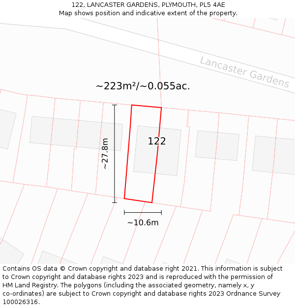122, LANCASTER GARDENS, PLYMOUTH, PL5 4AE: Plot and title map