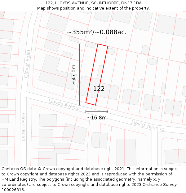 122, LLOYDS AVENUE, SCUNTHORPE, DN17 1BA: Plot and title map