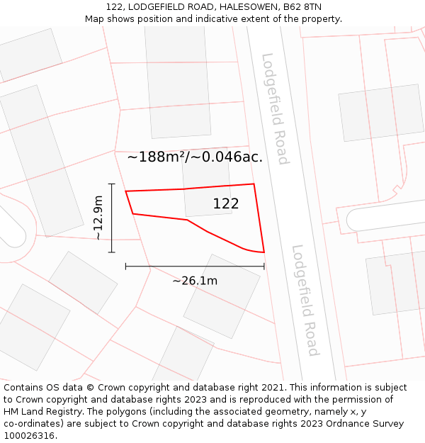 122, LODGEFIELD ROAD, HALESOWEN, B62 8TN: Plot and title map