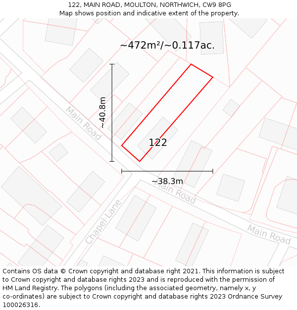122, MAIN ROAD, MOULTON, NORTHWICH, CW9 8PG: Plot and title map