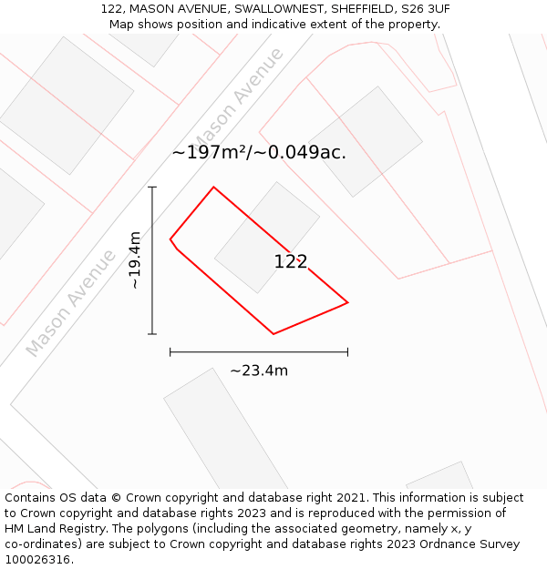 122, MASON AVENUE, SWALLOWNEST, SHEFFIELD, S26 3UF: Plot and title map