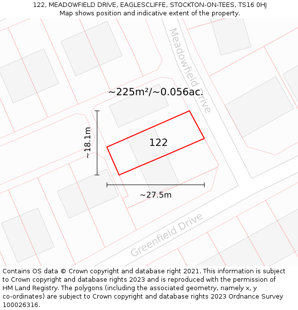 122, MEADOWFIELD DRIVE, EAGLESCLIFFE, STOCKTON-ON-TEES, TS16 0HJ: Plot and title map