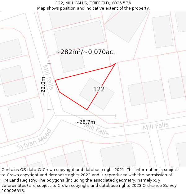 122, MILL FALLS, DRIFFIELD, YO25 5BA: Plot and title map