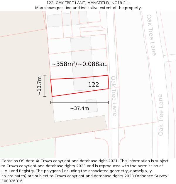 122, OAK TREE LANE, MANSFIELD, NG18 3HL: Plot and title map