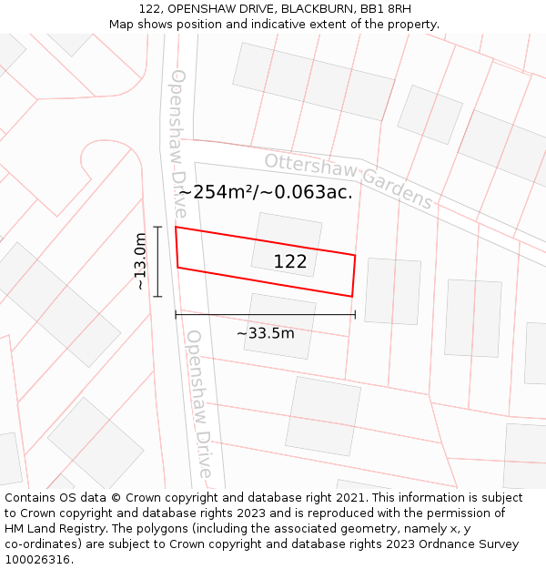 122, OPENSHAW DRIVE, BLACKBURN, BB1 8RH: Plot and title map