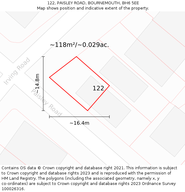 122, PAISLEY ROAD, BOURNEMOUTH, BH6 5EE: Plot and title map