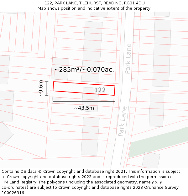 122, PARK LANE, TILEHURST, READING, RG31 4DU: Plot and title map