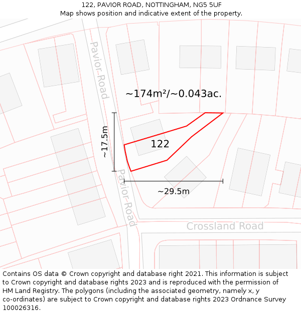 122, PAVIOR ROAD, NOTTINGHAM, NG5 5UF: Plot and title map