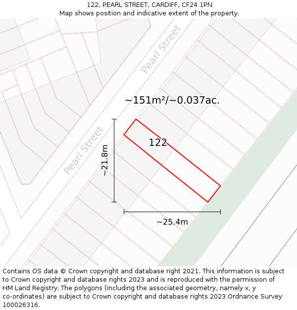 122, PEARL STREET, CARDIFF, CF24 1PN: Plot and title map