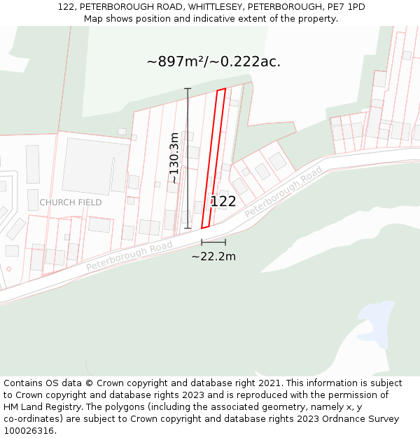 122, PETERBOROUGH ROAD, WHITTLESEY, PETERBOROUGH, PE7 1PD: Plot and title map