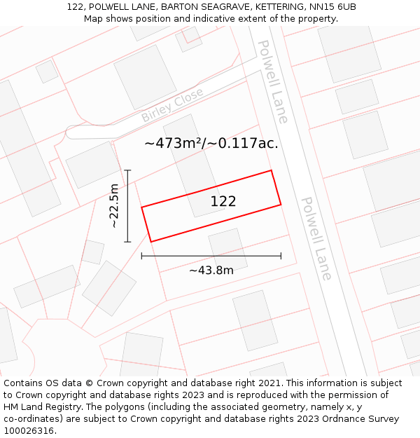 122, POLWELL LANE, BARTON SEAGRAVE, KETTERING, NN15 6UB: Plot and title map