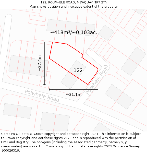 122, POLWHELE ROAD, NEWQUAY, TR7 2TN: Plot and title map