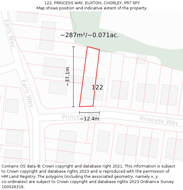 122, PRINCESS WAY, EUXTON, CHORLEY, PR7 6PY: Plot and title map