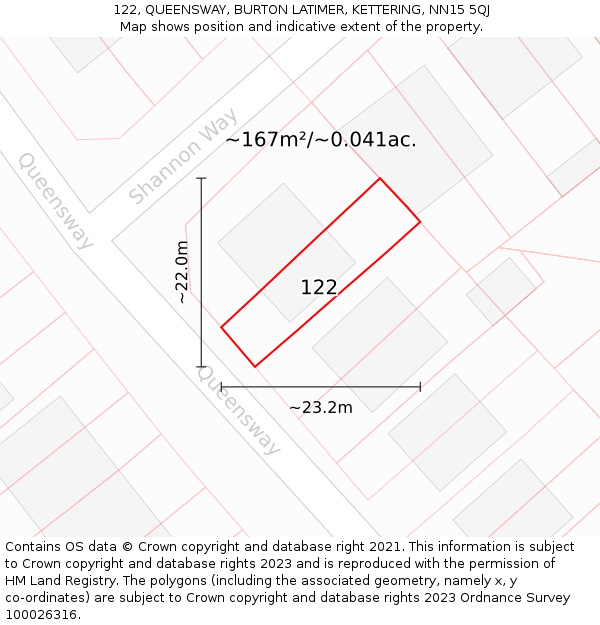 122, QUEENSWAY, BURTON LATIMER, KETTERING, NN15 5QJ: Plot and title map