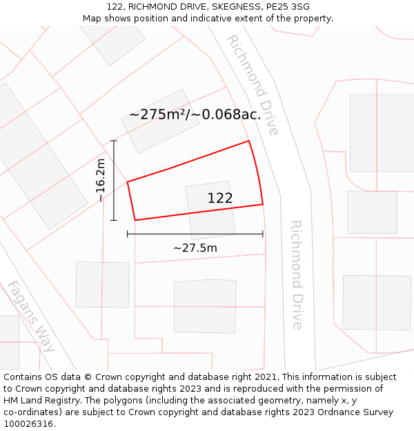 122, RICHMOND DRIVE, SKEGNESS, PE25 3SG: Plot and title map