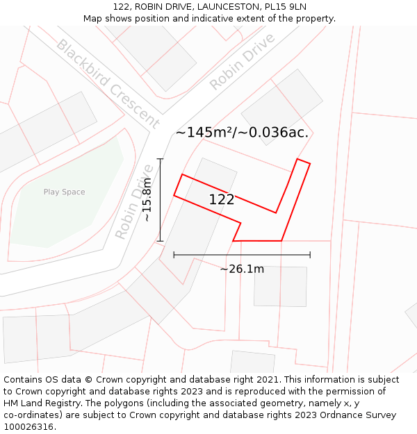 122, ROBIN DRIVE, LAUNCESTON, PL15 9LN: Plot and title map