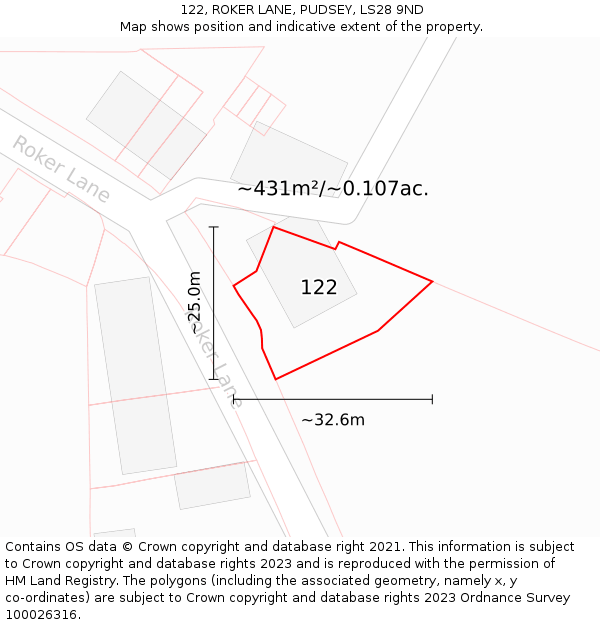 122, ROKER LANE, PUDSEY, LS28 9ND: Plot and title map
