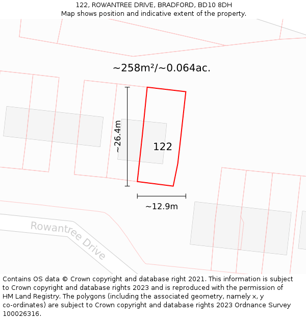 122, ROWANTREE DRIVE, BRADFORD, BD10 8DH: Plot and title map