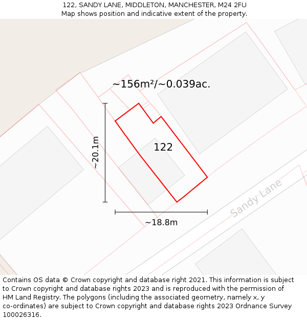 122, SANDY LANE, MIDDLETON, MANCHESTER, M24 2FU: Plot and title map