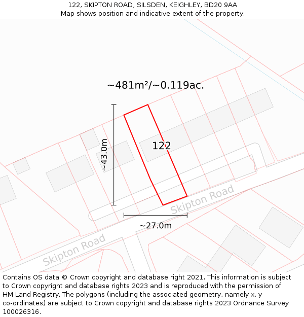 122, SKIPTON ROAD, SILSDEN, KEIGHLEY, BD20 9AA: Plot and title map