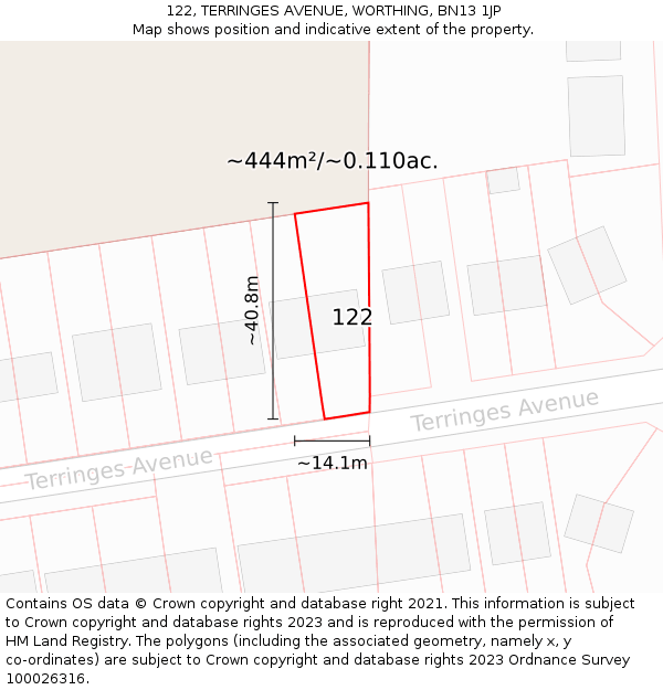 122, TERRINGES AVENUE, WORTHING, BN13 1JP: Plot and title map