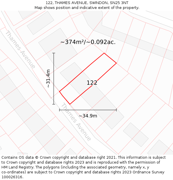 122, THAMES AVENUE, SWINDON, SN25 3NT: Plot and title map