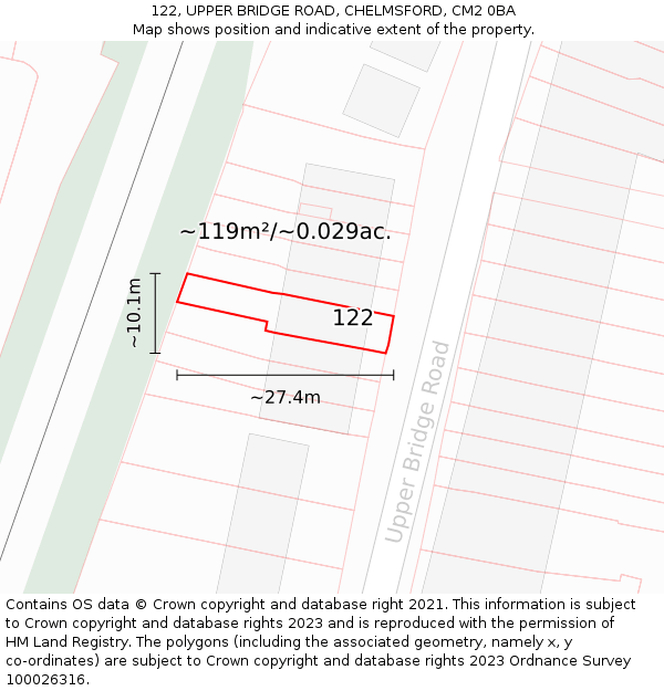 122, UPPER BRIDGE ROAD, CHELMSFORD, CM2 0BA: Plot and title map