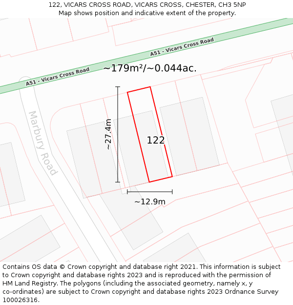 122, VICARS CROSS ROAD, VICARS CROSS, CHESTER, CH3 5NP: Plot and title map