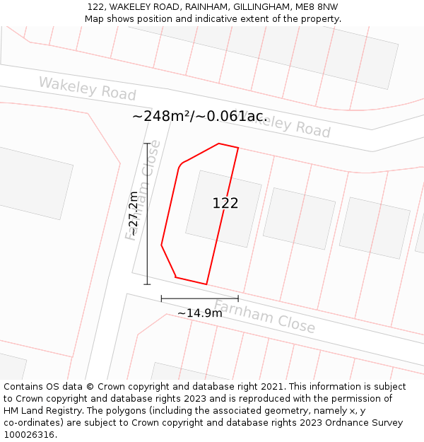 122, WAKELEY ROAD, RAINHAM, GILLINGHAM, ME8 8NW: Plot and title map