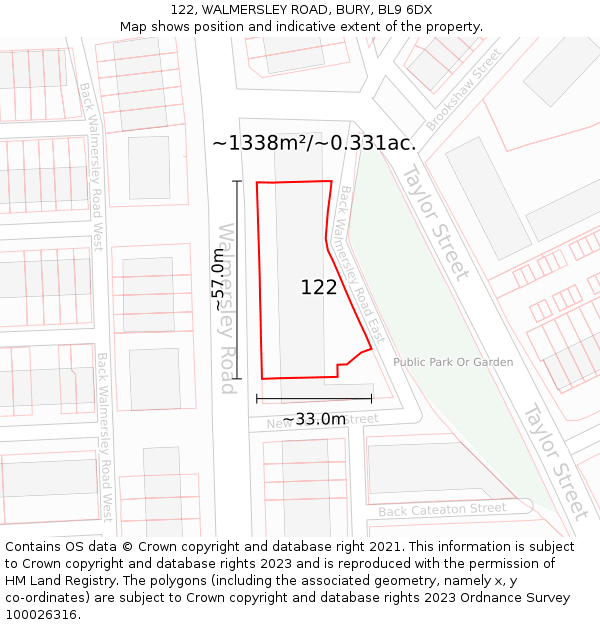 122, WALMERSLEY ROAD, BURY, BL9 6DX: Plot and title map