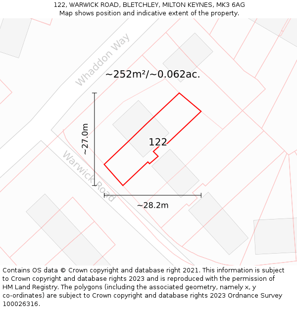 122, WARWICK ROAD, BLETCHLEY, MILTON KEYNES, MK3 6AG: Plot and title map