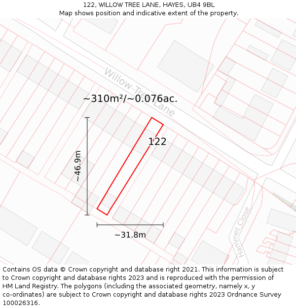 122, WILLOW TREE LANE, HAYES, UB4 9BL: Plot and title map