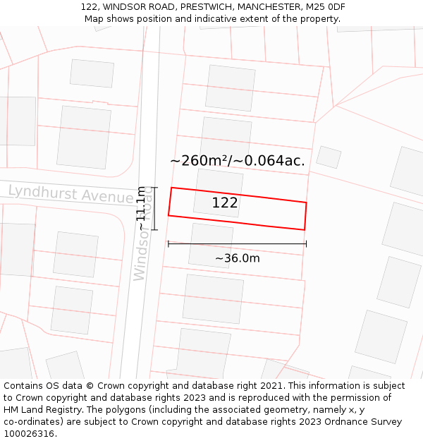 122, WINDSOR ROAD, PRESTWICH, MANCHESTER, M25 0DF: Plot and title map