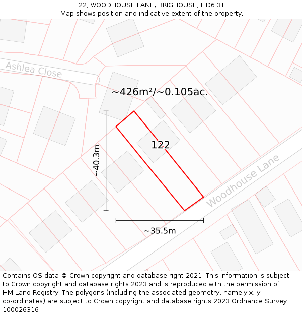 122, WOODHOUSE LANE, BRIGHOUSE, HD6 3TH: Plot and title map