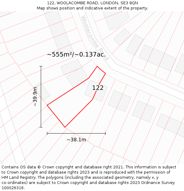 122, WOOLACOMBE ROAD, LONDON, SE3 8QN: Plot and title map