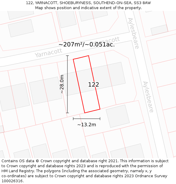 122, YARNACOTT, SHOEBURYNESS, SOUTHEND-ON-SEA, SS3 8AW: Plot and title map