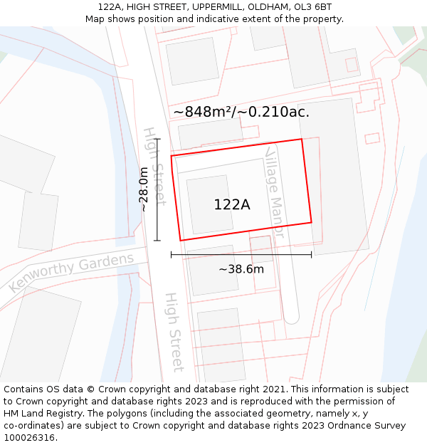 122A, HIGH STREET, UPPERMILL, OLDHAM, OL3 6BT: Plot and title map