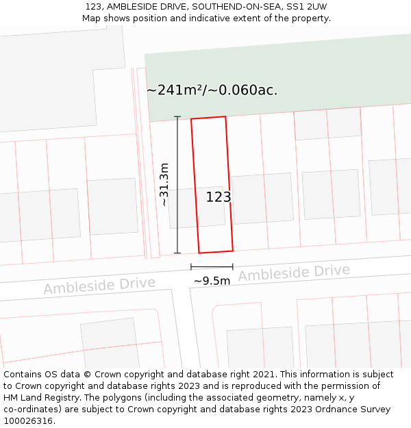 123, AMBLESIDE DRIVE, SOUTHEND-ON-SEA, SS1 2UW: Plot and title map
