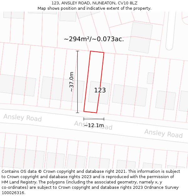 123, ANSLEY ROAD, NUNEATON, CV10 8LZ: Plot and title map