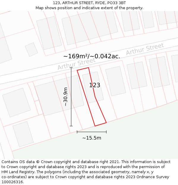 123, ARTHUR STREET, RYDE, PO33 3BT: Plot and title map