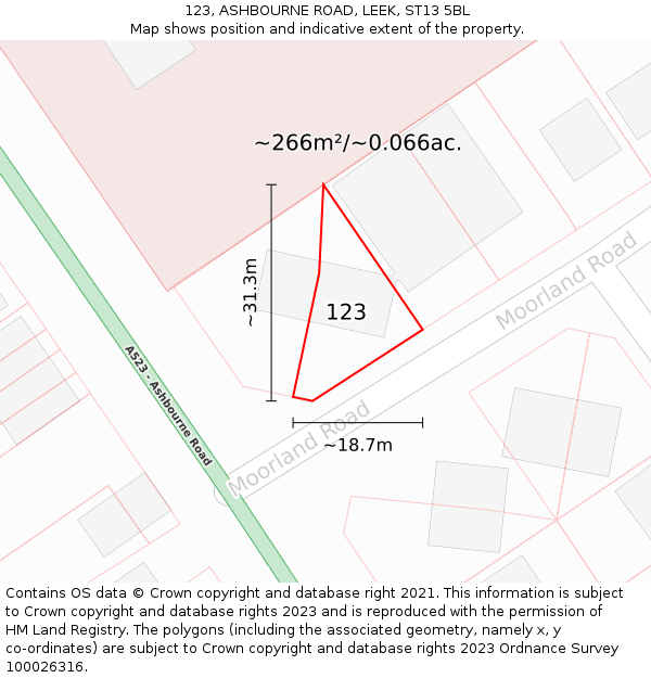 123, ASHBOURNE ROAD, LEEK, ST13 5BL: Plot and title map