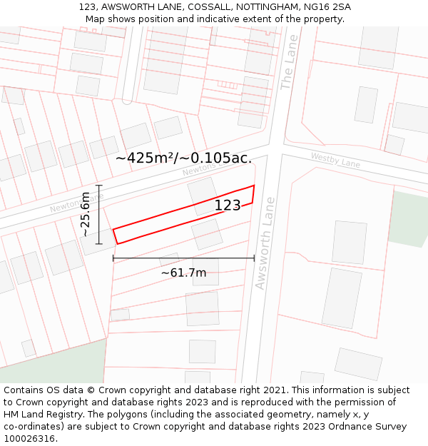 123, AWSWORTH LANE, COSSALL, NOTTINGHAM, NG16 2SA: Plot and title map