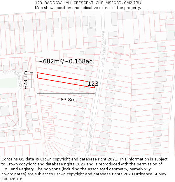 123, BADDOW HALL CRESCENT, CHELMSFORD, CM2 7BU: Plot and title map