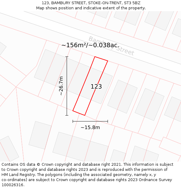123, BAMBURY STREET, STOKE-ON-TRENT, ST3 5BZ: Plot and title map