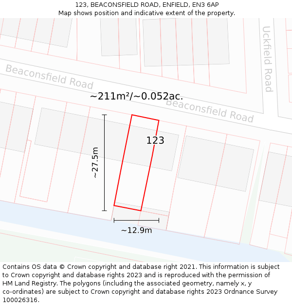 123, BEACONSFIELD ROAD, ENFIELD, EN3 6AP: Plot and title map