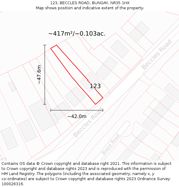 123, BECCLES ROAD, BUNGAY, NR35 1HX: Plot and title map
