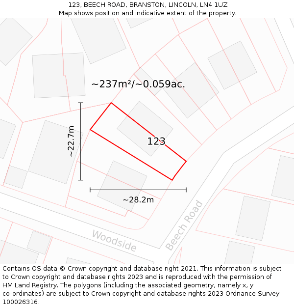 123, BEECH ROAD, BRANSTON, LINCOLN, LN4 1UZ: Plot and title map