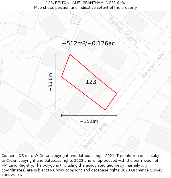 123, BELTON LANE, GRANTHAM, NG31 9HW: Plot and title map