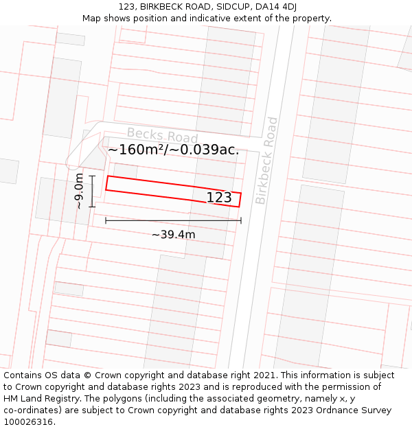 123, BIRKBECK ROAD, SIDCUP, DA14 4DJ: Plot and title map
