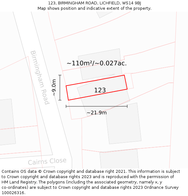 123, BIRMINGHAM ROAD, LICHFIELD, WS14 9BJ: Plot and title map